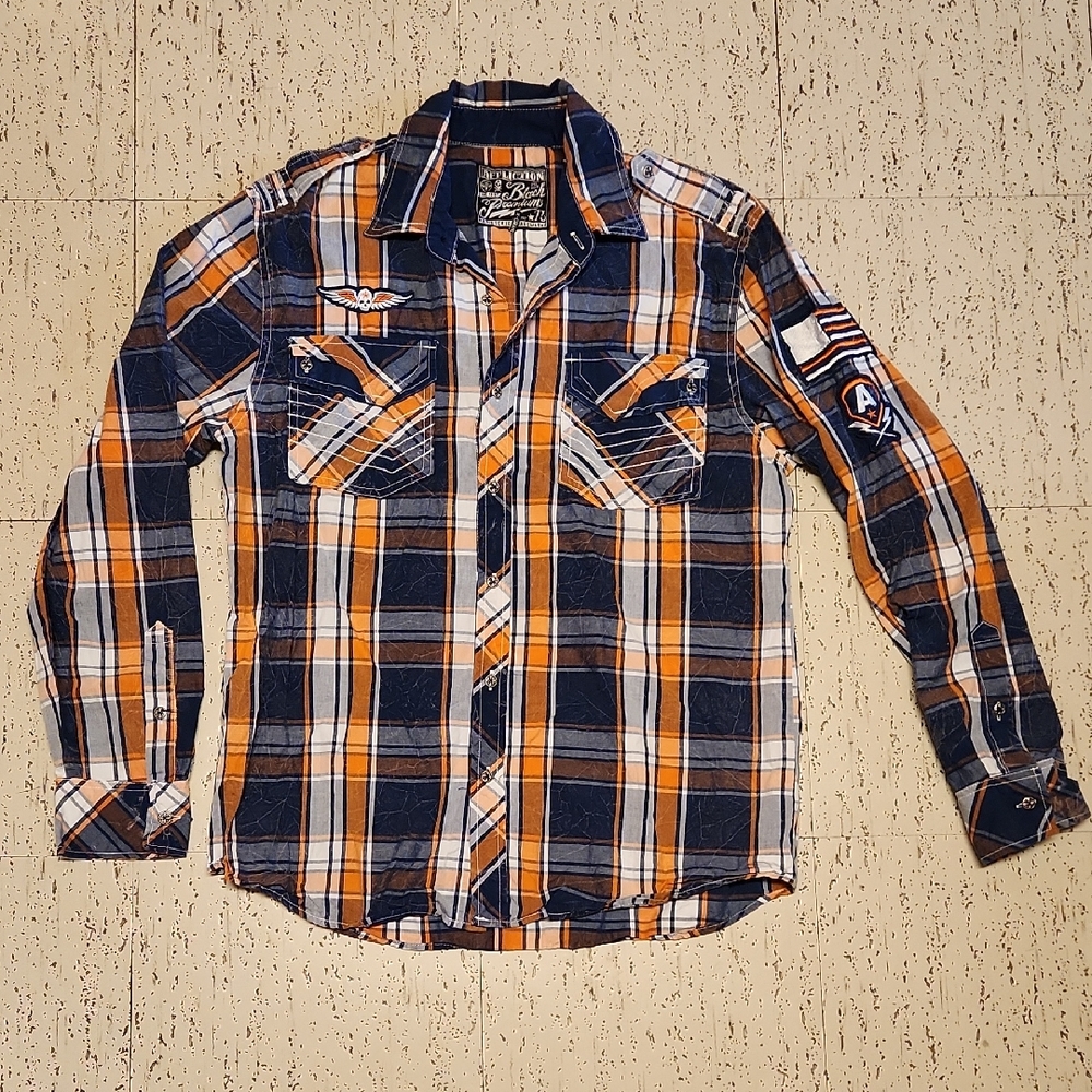 Affliction Flannel Long Sleeve Button Down Casual Shirt Blue, Orange & White